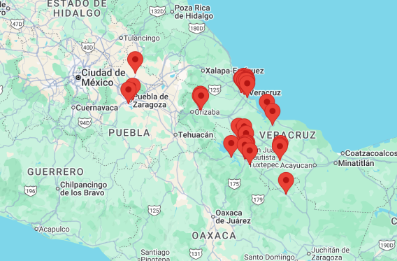 Mapa de estaciones Gilga en Veracruz, Puebla, Tlaxcala y Oaxaca